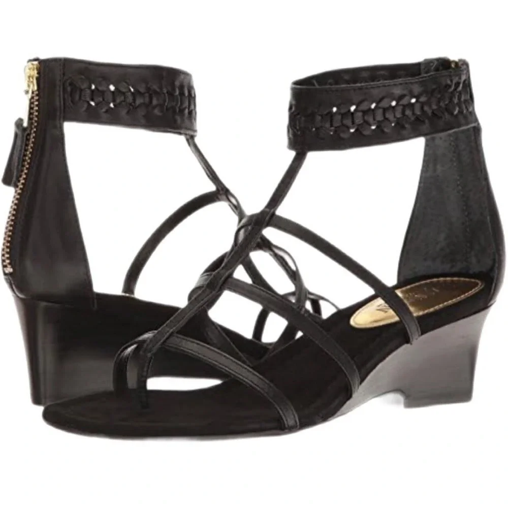 Lauren Ralph Lauren Meira Black Leather Strappy Wedge Sandals Braided Ankle 8.5B